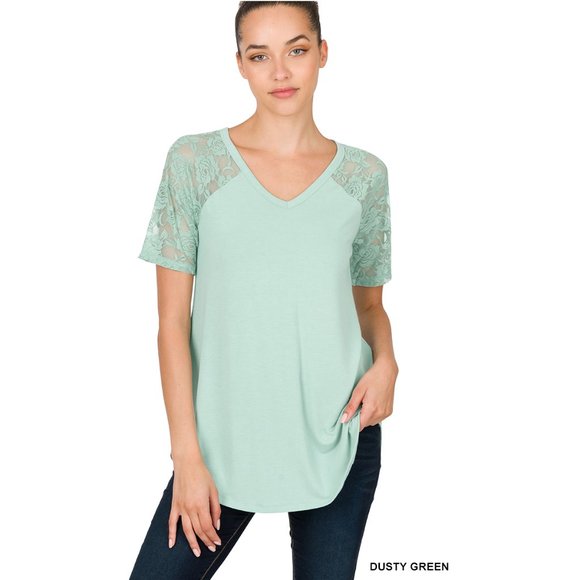 Short Sleeves Top - Dusty Green Color - Lace Sleeves - Round Hem - Picture 2 of 5